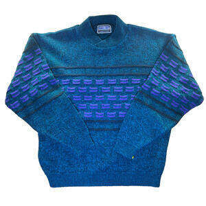 Vintage Bugle Boy Green/Purple Abstract Block Pattern Sweater 90s Mens Large